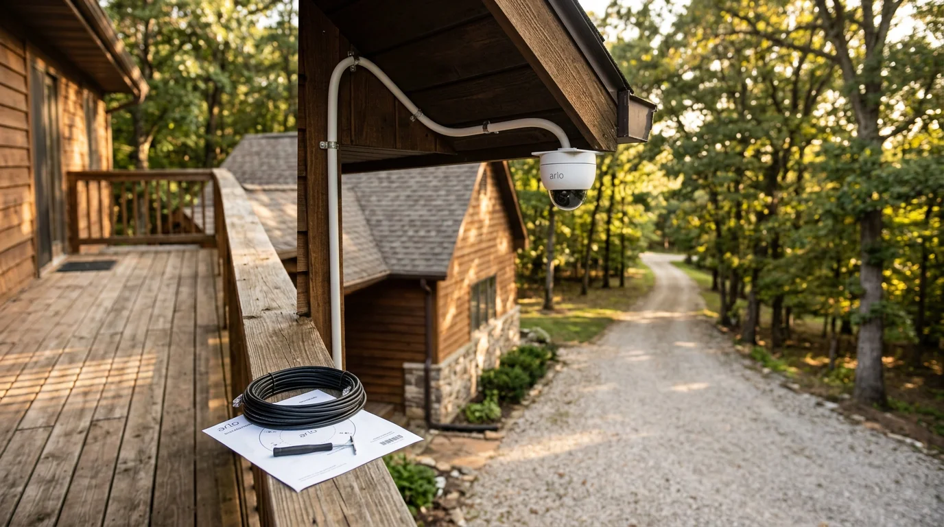 Outdoor security camera mounted on the soffit of a residential home in Wildwood, Missouri, with a wooded backyard and long driveway visible in the background. Professional cable routing runs cleanly along the roofline toward the home's network equipment.