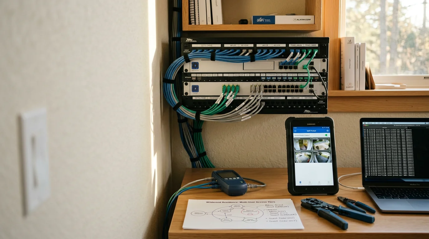 A technician configuring a security system mobile app on a smartphone at a residential property in Wildwood, Missouri, with a camera feed displayed on the screen. The setup shows a multi-camera view covering the home's front entrance and side yard.