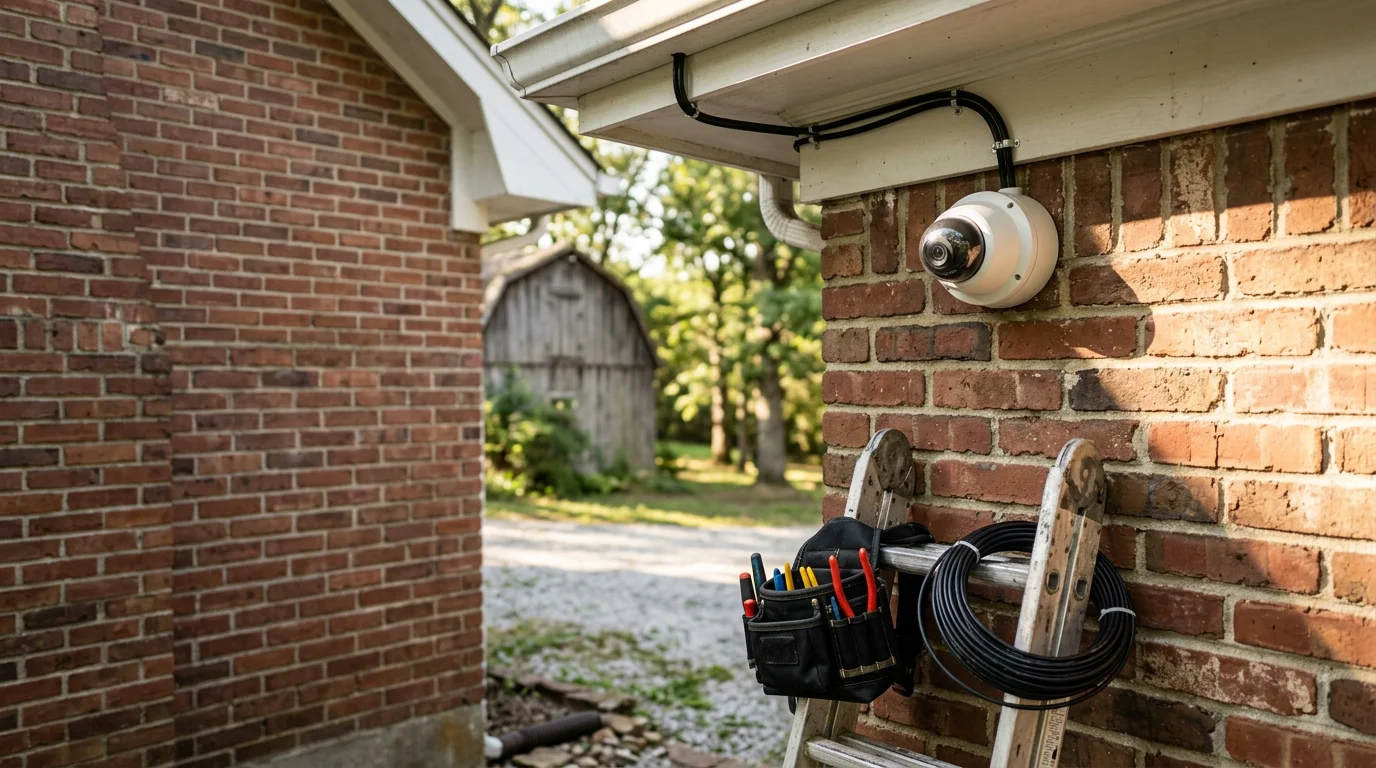 A professionally installed security camera system on the exterior of a residential property in Wildwood, Missouri, with cameras positioned to cover a long driveway and multiple entry points. The installation shows clean cable routing and equipment suited to a large wooded lot typical of St. Louis County.