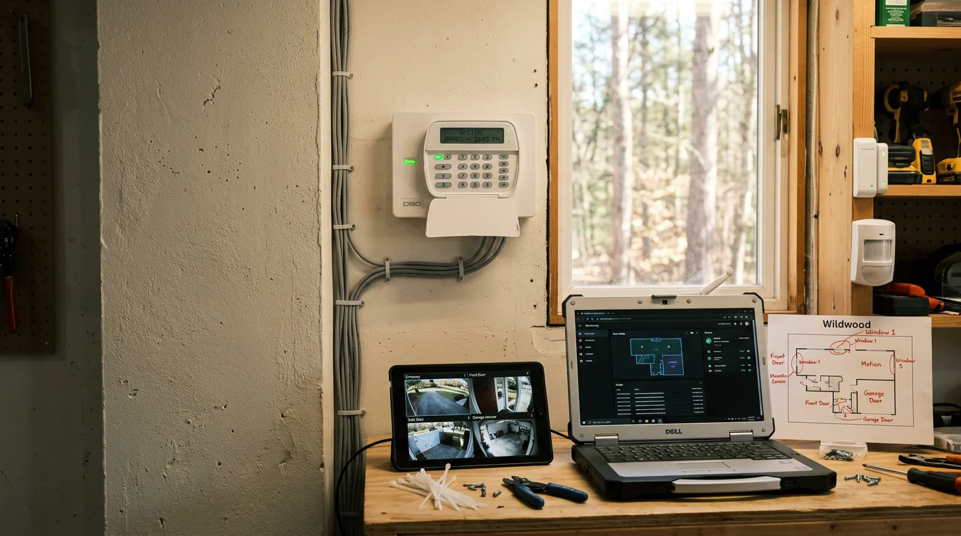 A professionally configured security monitoring panel installed in a Wildwood, Missouri home, with active zone indicators and a connected control interface. The setup reflects a multi-zone layout suited to a larger residential property in St. Louis County.