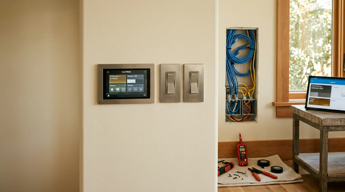 A professionally installed smart lighting control panel and dimmer switches in a Wildwood, Missouri home, showing clean wall-mounted controls with a mobile app interface visible on a nearby device.