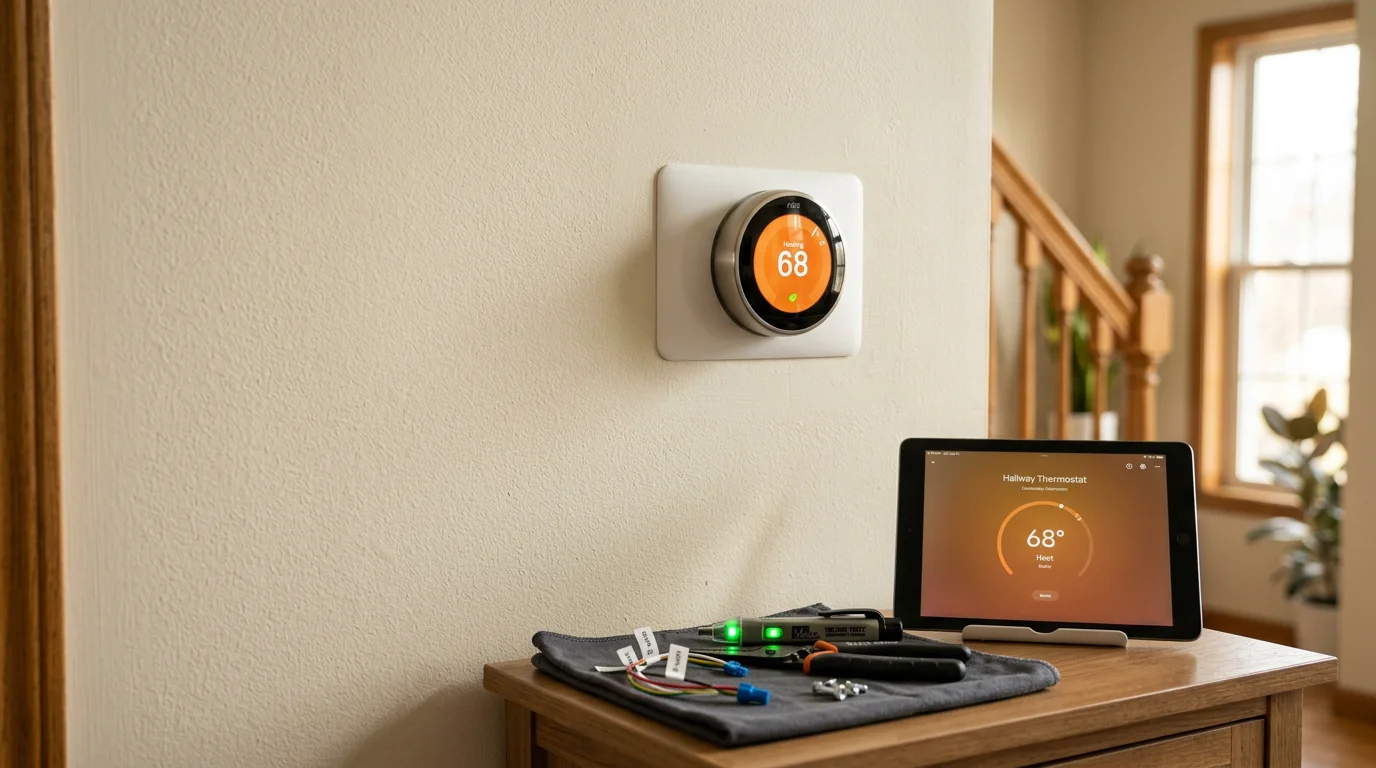 A smart thermostat mounted on the wall of a Wildwood, Missouri home, displaying a temperature schedule on its touchscreen. A technician connects wiring at the base of the unit during a professional installation.