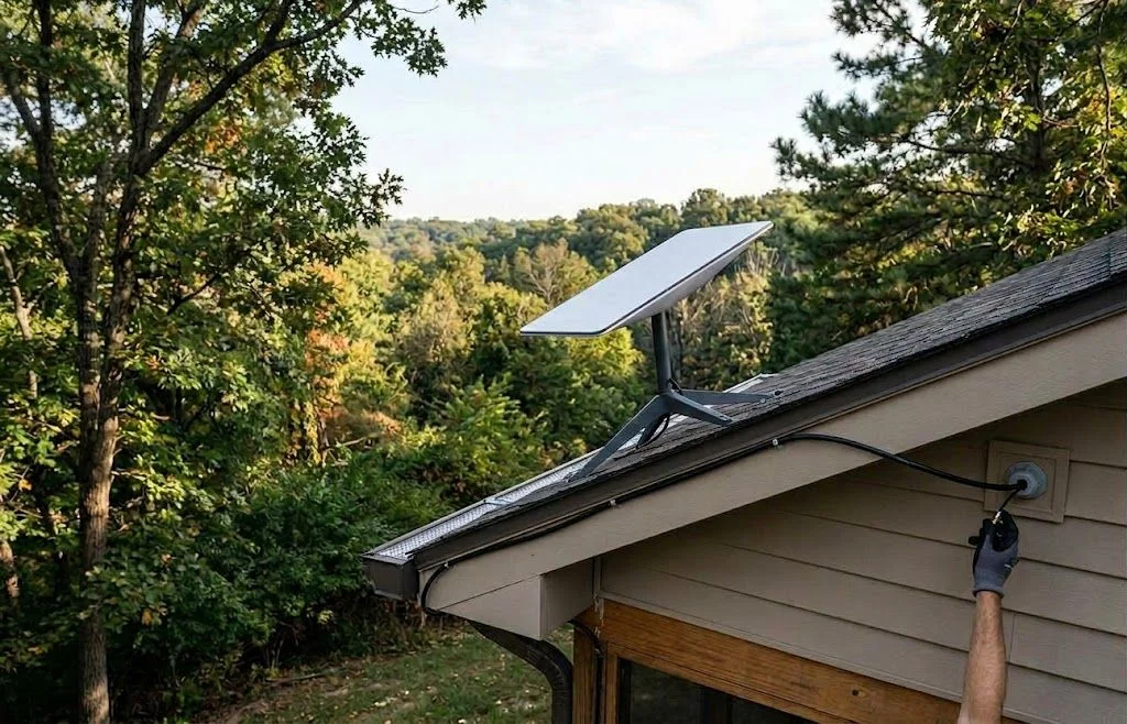 A satellite dish mounted on the roof of a suburban home in Wildwood, Missouri, with a clear view of the open sky above a wooded lot. A technician secures the cable routing along the roofline during a professional Starlink installation.