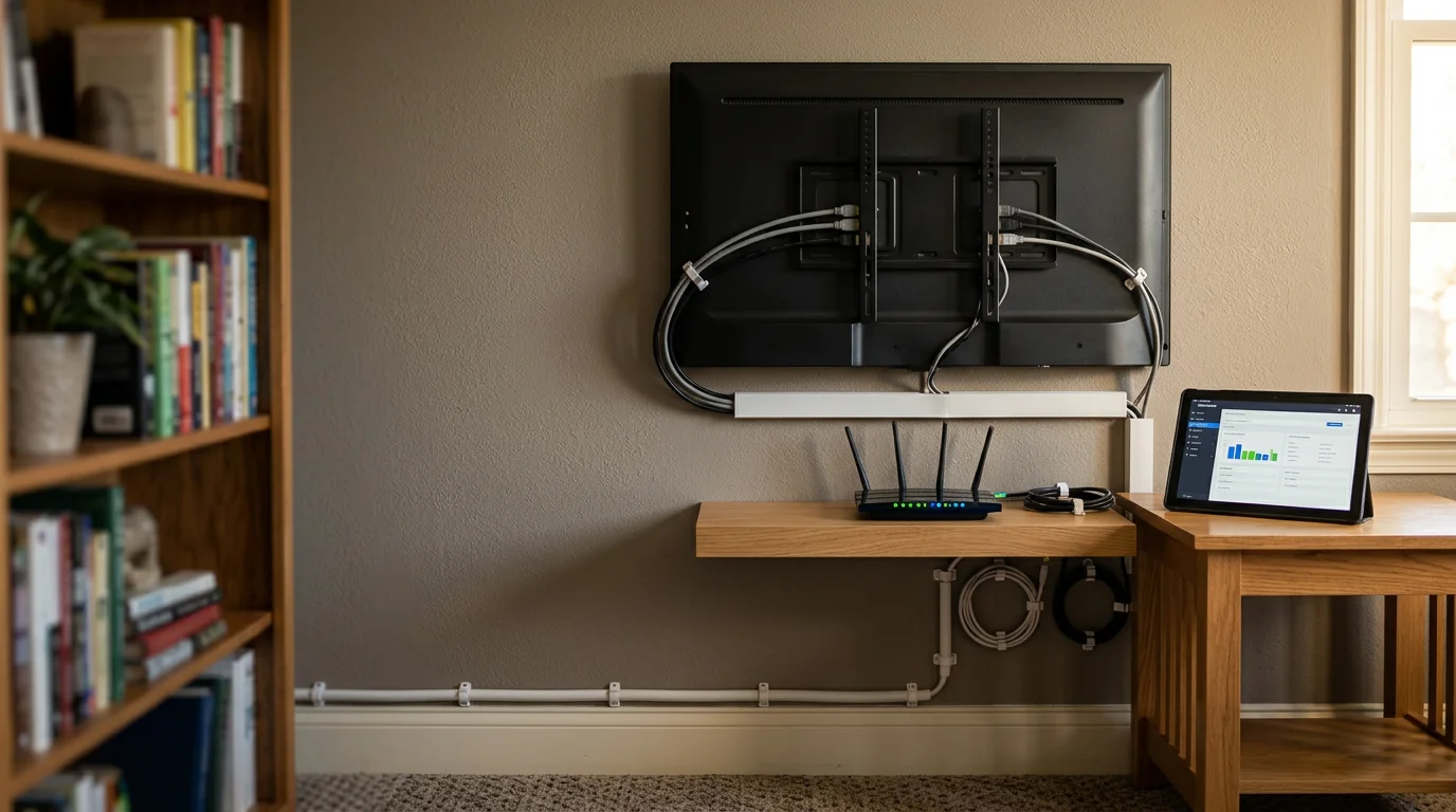 A professionally installed streaming device connected via HDMI to a wall-mounted television in a Wildwood home living room, with a clean cable setup and a configured streaming interface visible on screen.