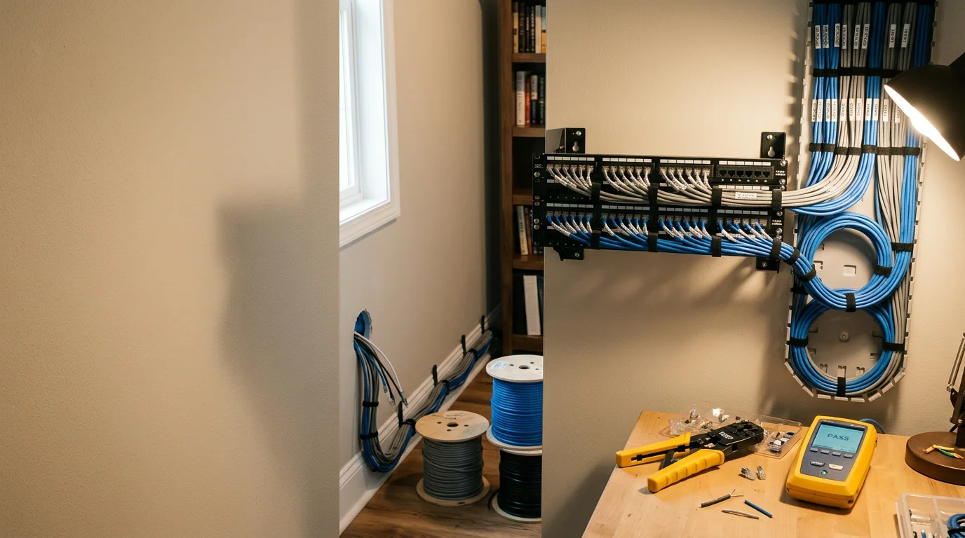 Neatly terminated structured cabling patch panel with labeled data runs installed in a Wildwood, Missouri home network closet. Clean cable management shows organized low voltage wiring ready for a residential network system.