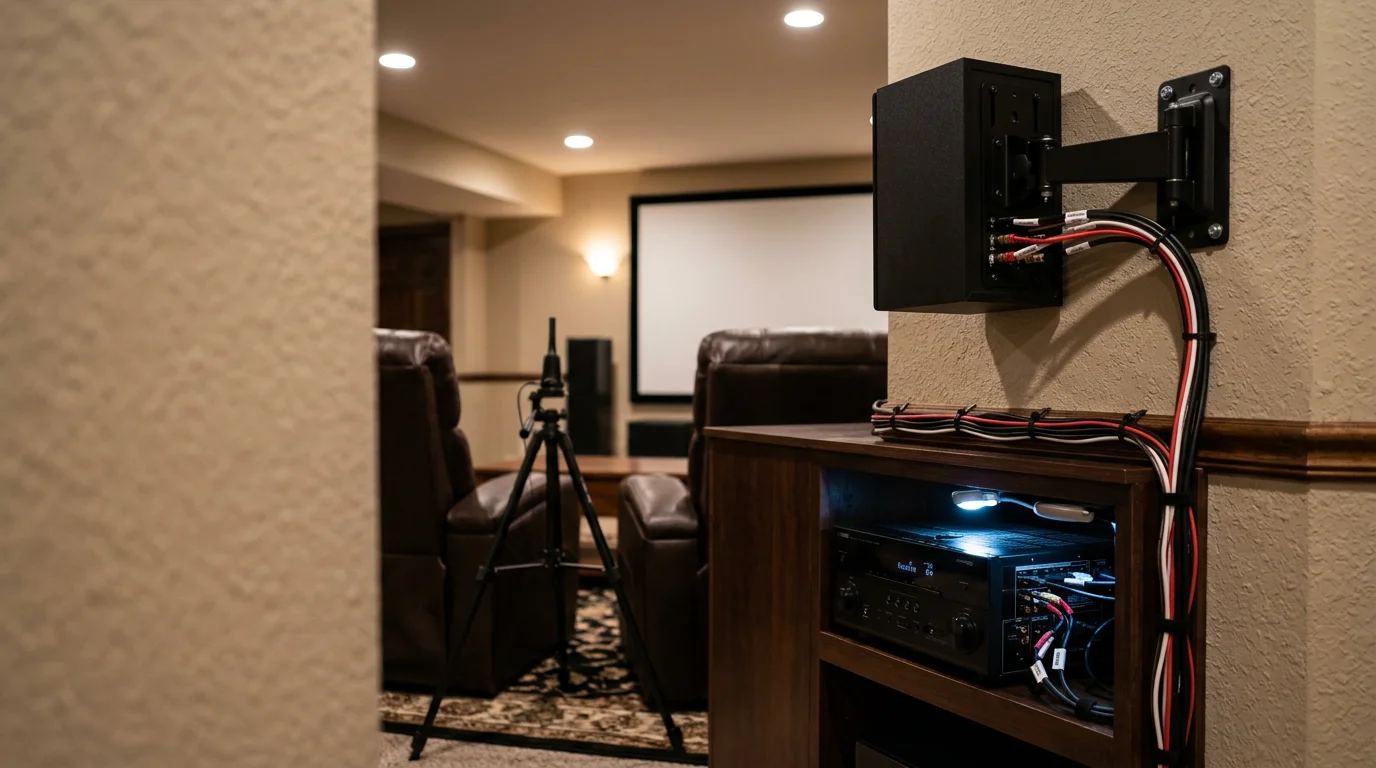 A professionally installed surround sound system in a large Wildwood, Missouri living room, with wall-mounted speakers, concealed wiring, and a calibrated receiver setup positioned for a multi-seat viewing area.