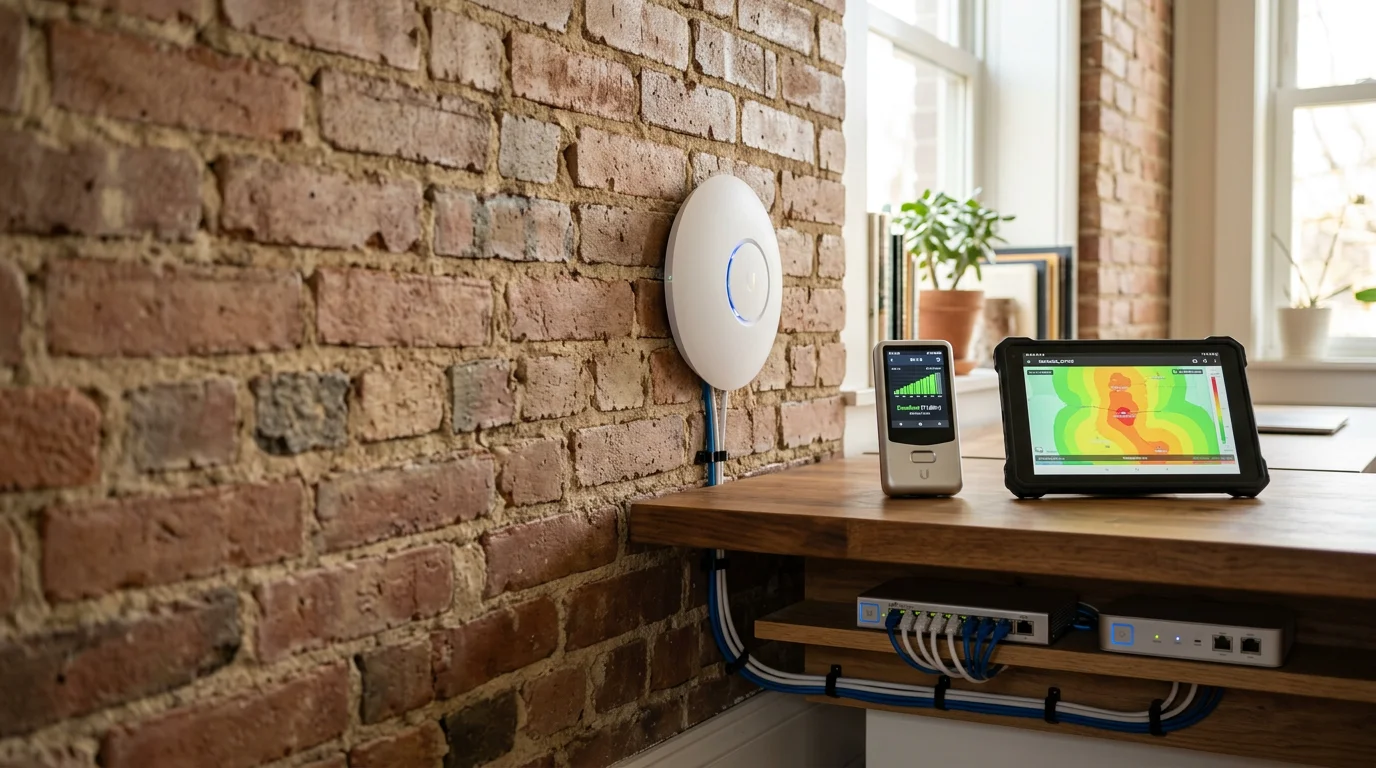 A professionally installed Ubiquiti UniFi access point mounted on the ceiling of a large open-plan home in Wildwood, Missouri, with managed network switches visible in a structured equipment enclosure nearby.