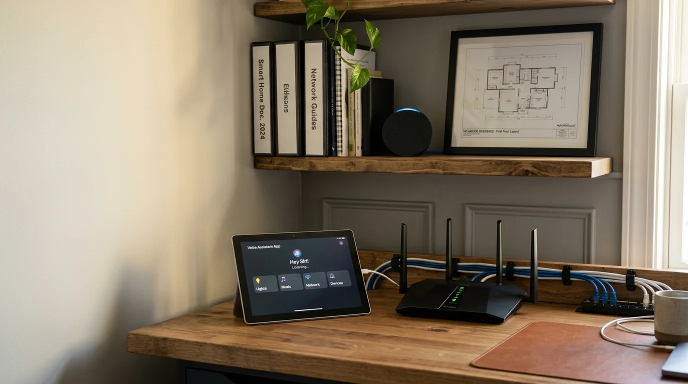 A professionally integrated voice assistant speaker mounted in a Wildwood living room, with smart lighting and a thermostat visible in the background. The setup reflects a clean, organized whole-home voice control installation by EverythingTechnologySTL.