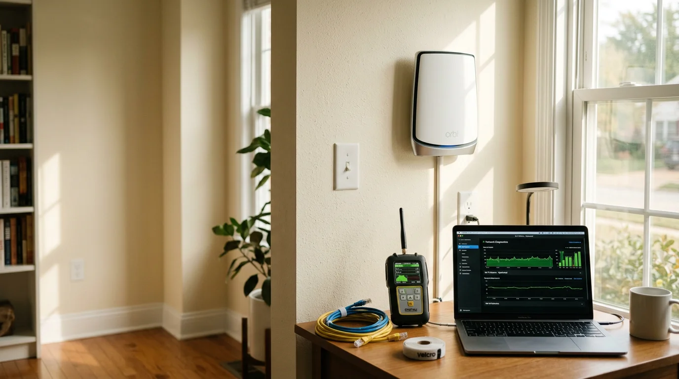 A professional network technician placing a wireless access point on a wall inside a large two-story home in Wildwood, Missouri. The image shows a spacious open floor plan with multiple connected devices visible throughout the room.
